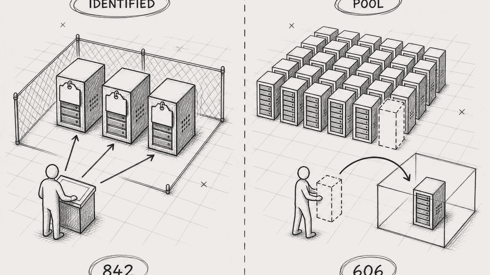 Left: identified exclusive servers under customer command, 842. Right: a substitutable pool dispatched by the vendor, 606.