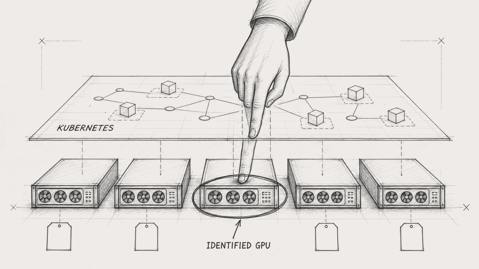 A thin Kubernetes sheet sits on identified exclusive GPU servers; a customer hand reaches through the sheet to a circled machine.