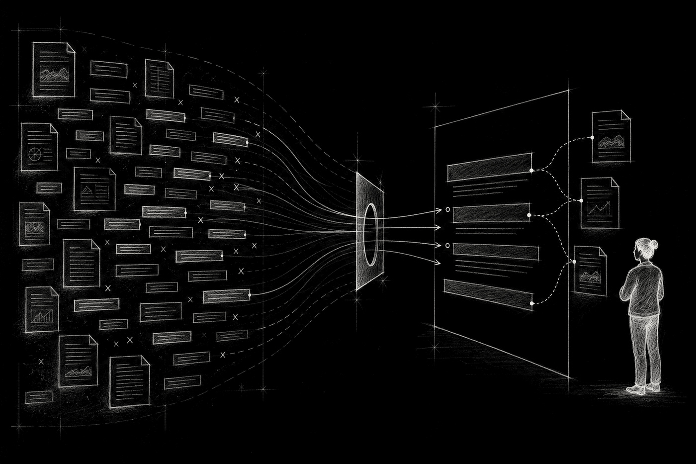 Many retrieved passages narrow into a few answer passages and citations while a user consumes the answer without clicking.