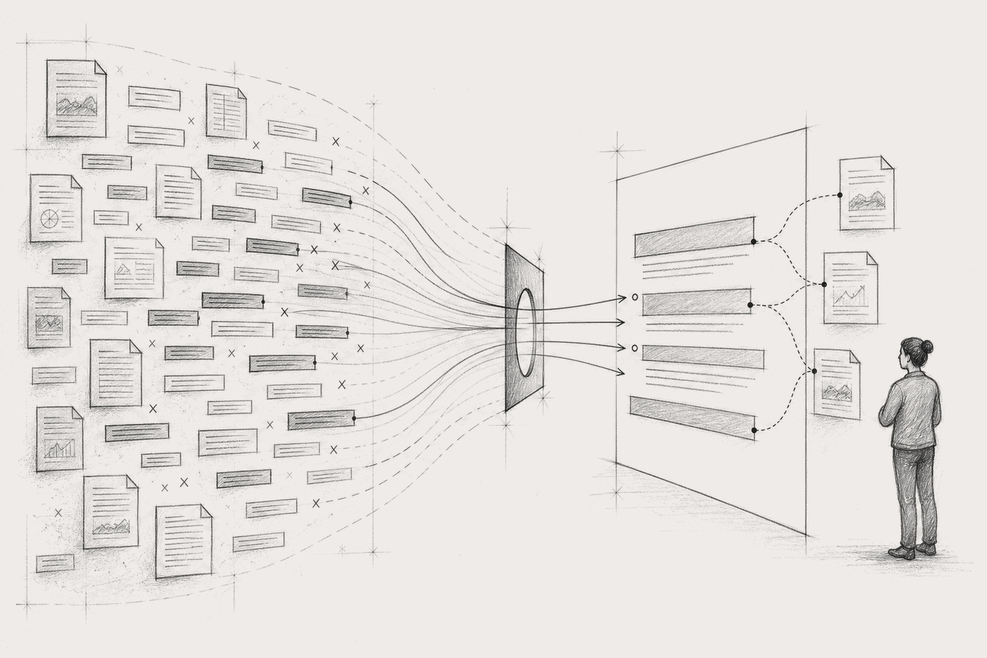 Many retrieved passages narrow into a few answer passages and citations while a user consumes the answer without clicking.