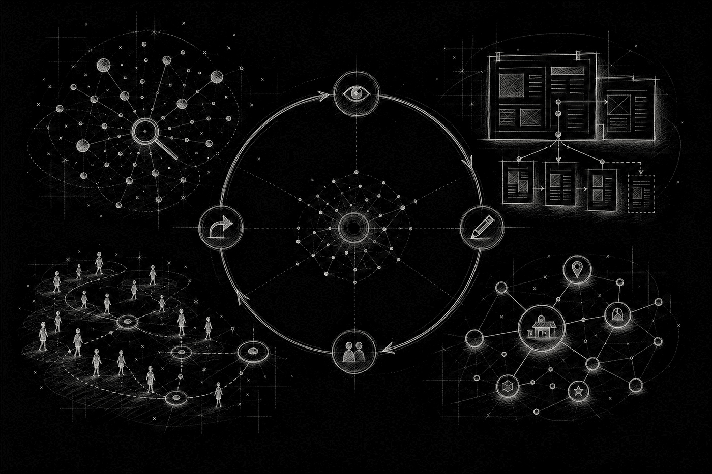 Four adjacent knowledge domains connect monitoring, publishing, customers, entity truth, and feedback around a central GEO capability.