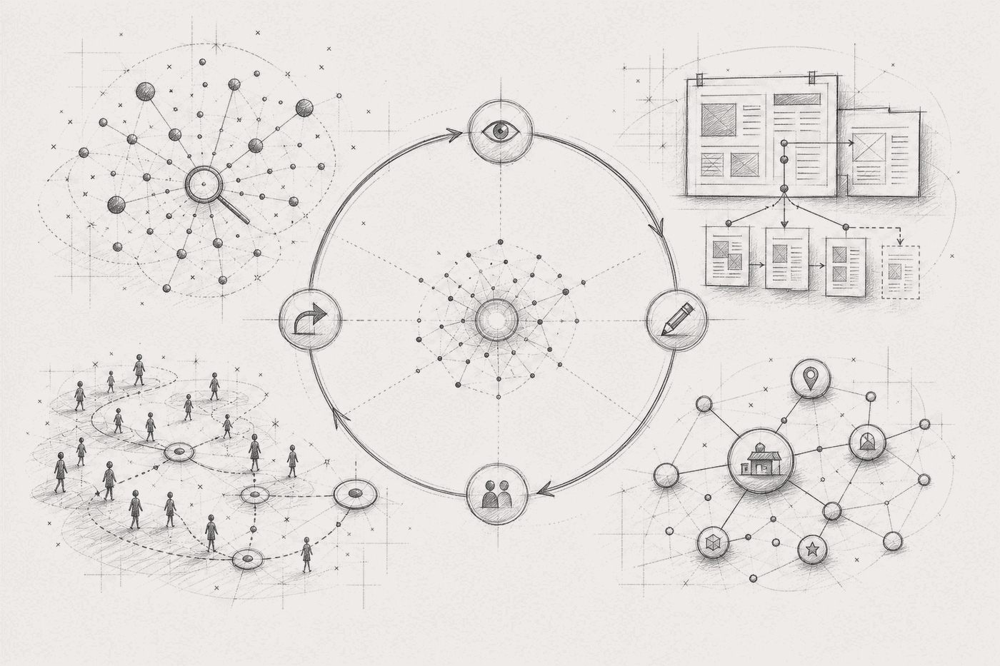 Four adjacent knowledge domains connect monitoring, publishing, customers, entity truth, and feedback around a central GEO capability.
