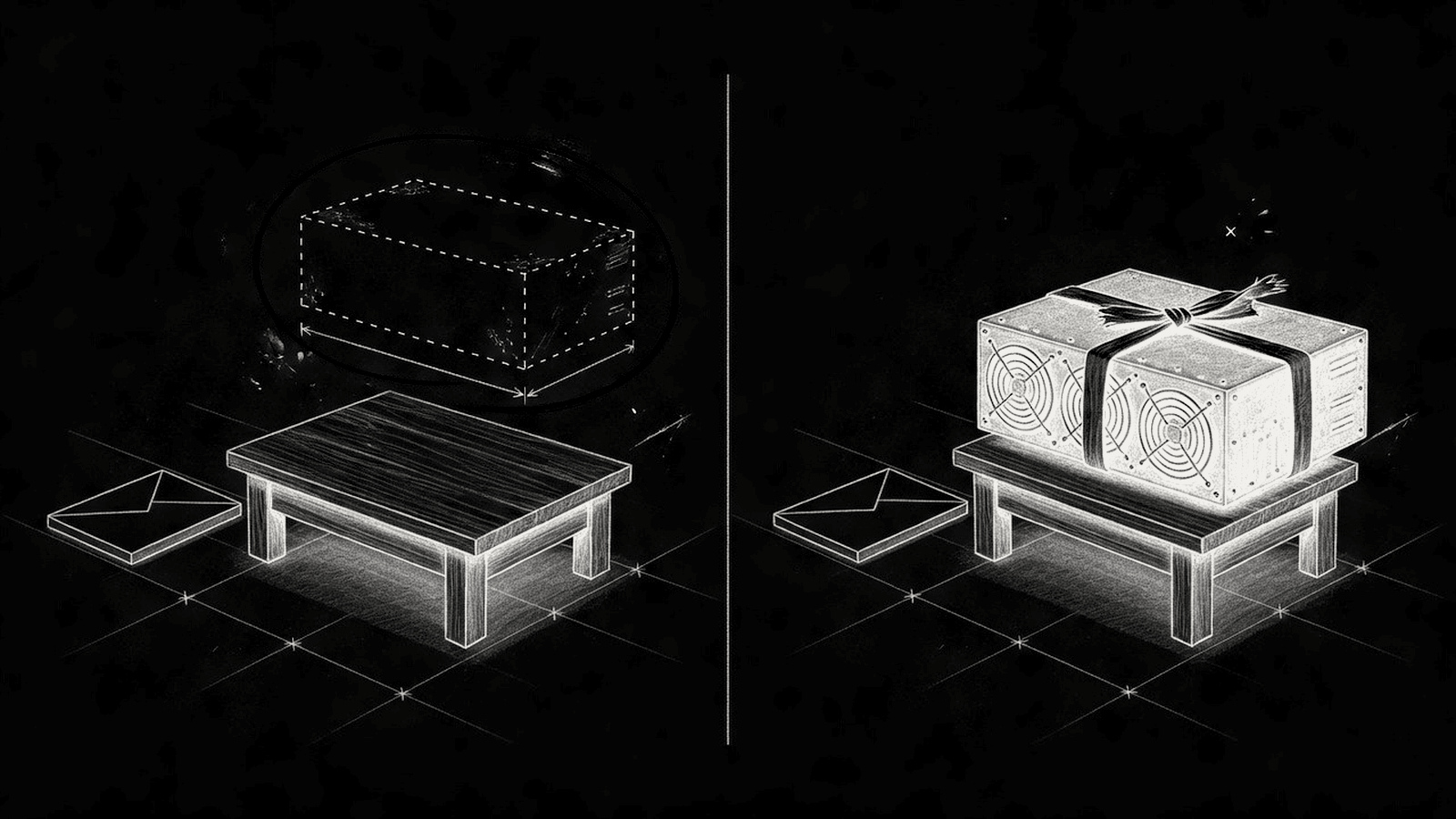 Two outcomes of the same sale. Left: the table is empty and only a dashed outline of the server remains, with cash beside it. Right: the server is still on the table, bound by a strap, with the same cash beside it.