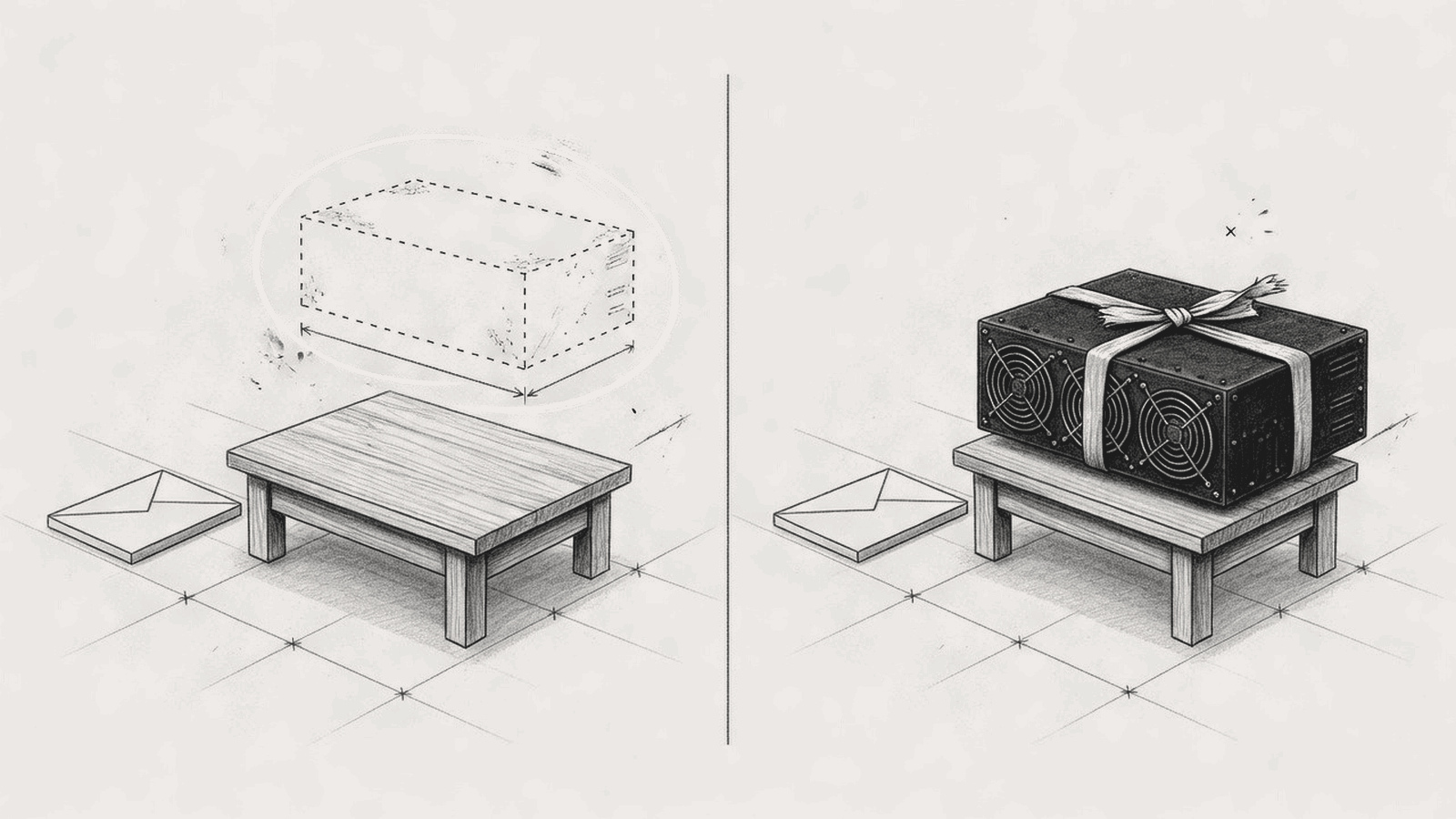 Two outcomes of the same sale. Left: the table is empty and only a dashed outline of the server remains, with cash beside it. Right: the server is still on the table, bound by a strap, with the same cash beside it.