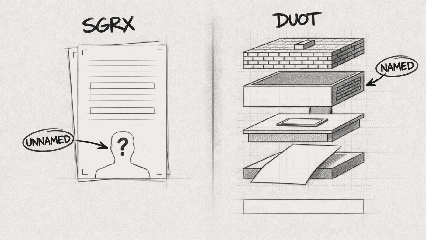 SGRX as a thin unnamed paper package versus DUOT as a named four-layer structure with an empty income-statement line.