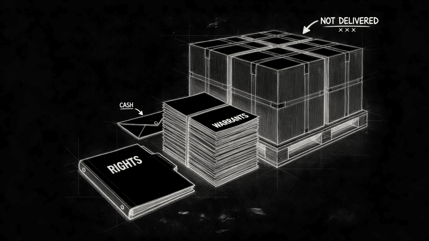 A rights folder and a thick warrant stack sit in front of sealed, unplugged GPU crates marked not delivered.