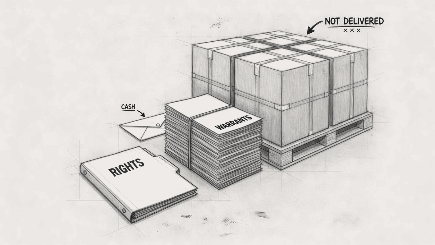 A rights folder and a thick warrant stack sit in front of sealed, unplugged GPU crates marked not delivered.