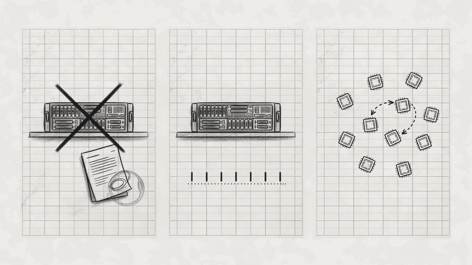 Three separate alternatives. Left: a server crossed off a shelf, with a receivable note in its place. Center: a server that stays on the shelf above a row of equal rent ticks. Right: no server, only interchangeable compute units with a substitution loop.